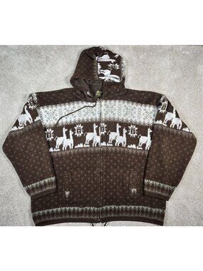 Tejidos Ruminahui Llama Alpaca Sweater Jacket Andean Ecuador Hooded Zip Men's XL